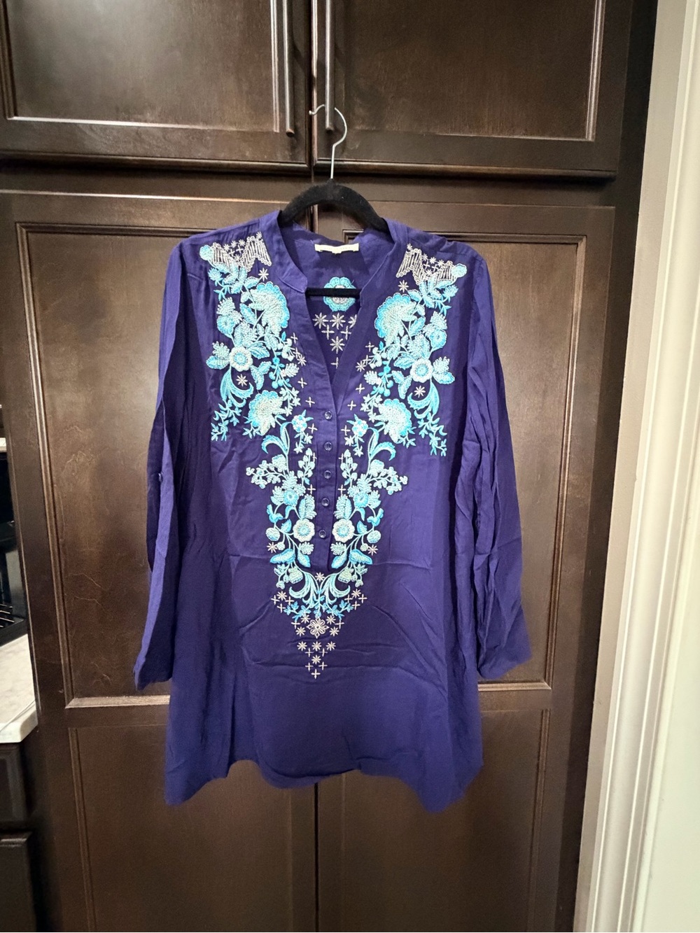 Solitaire Purple Tunic with Aqua Floral Embroidery